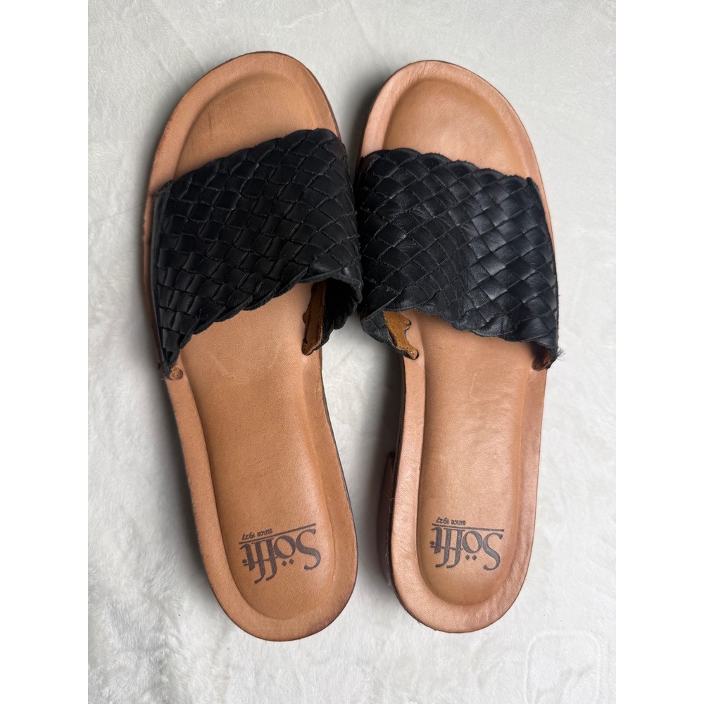 Sofft Black Woven Leather Slide Sandals Low Block Heel MM12 Womens 8 / 39